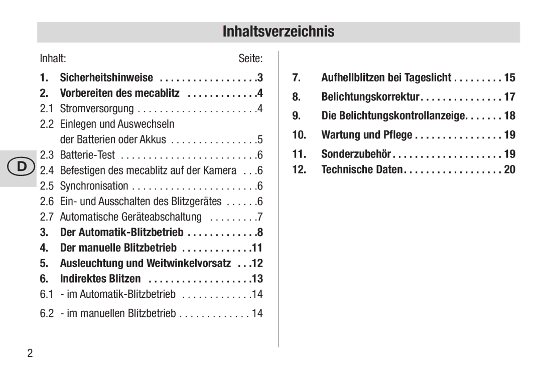 Metz 28 C-2 operating instructions Inhaltsverzeichnis, Sicherheitshinweise Vorbereiten des mecablitz, Indirektes Blitzen 