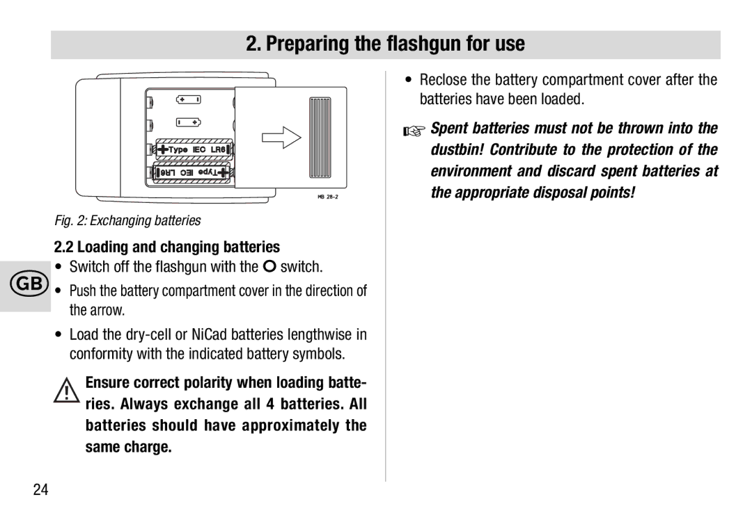 Metz 28 C-2 operating instructions Loading and changing batteries, Exchanging batteries 