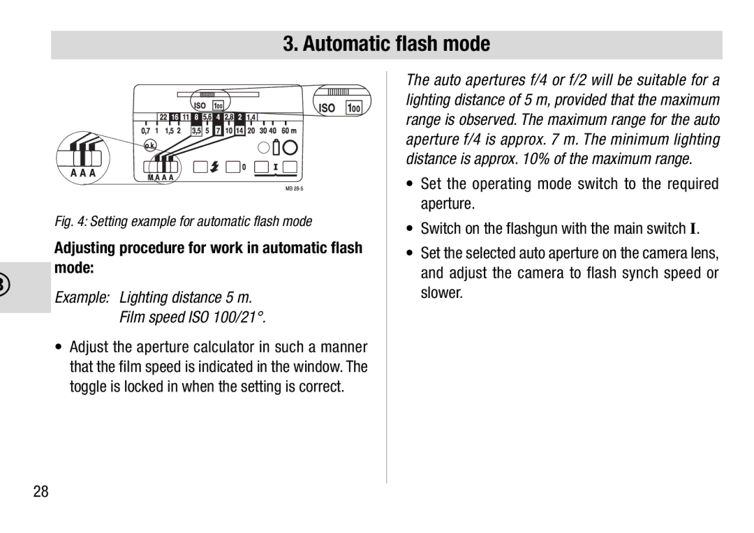 Metz 28 C-2 Set the operating mode switch to the required aperture, Adjusting procedure for work in automatic flash 