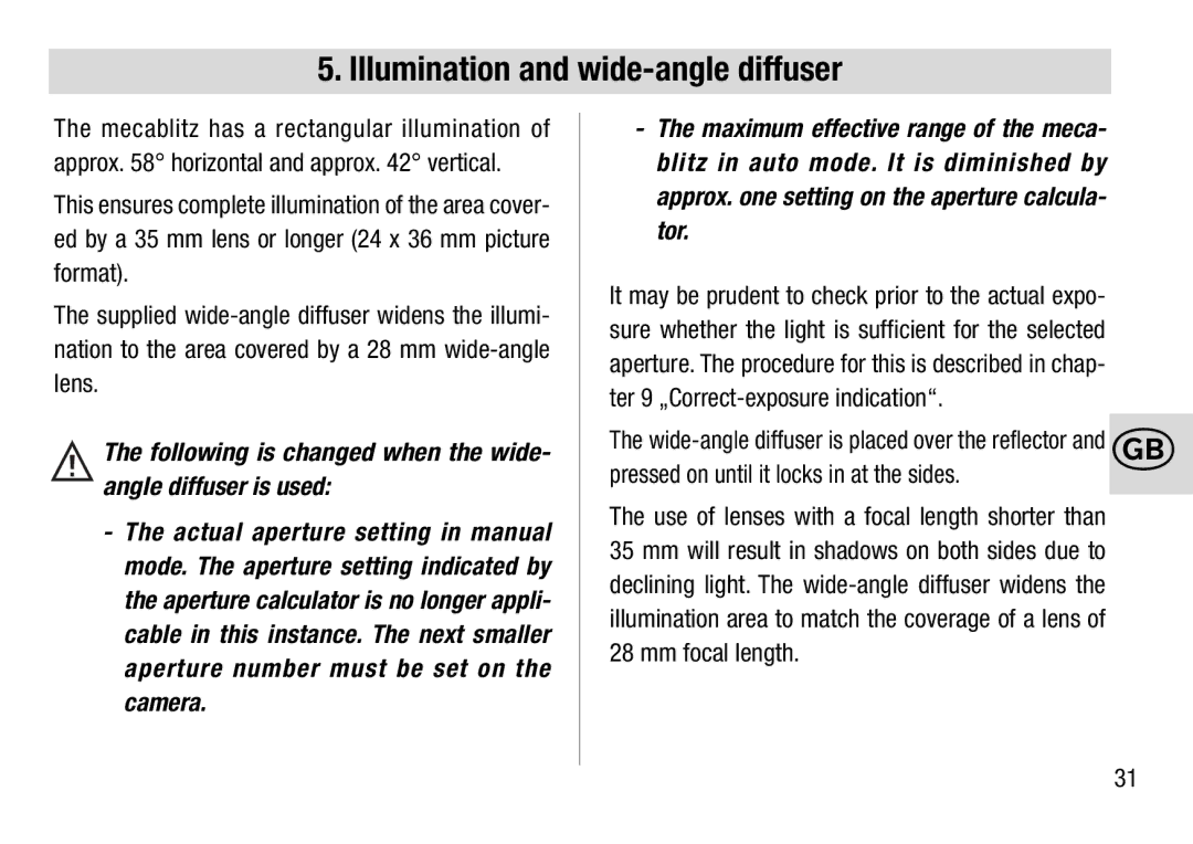 Metz 28 C-2 operating instructions Illumination and wide-angle diffuser 