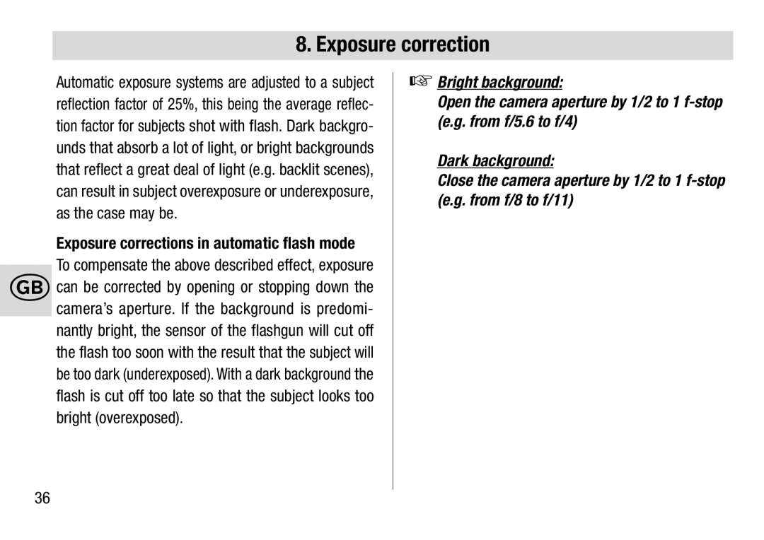 Metz 28 C-2 operating instructions Exposure corrections in automatic flash mode 