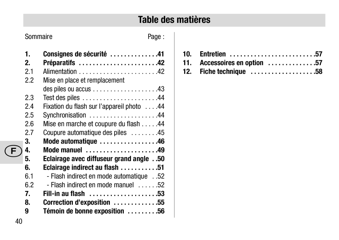 Metz 28 C-2 operating instructions Table des matières, Consignes de sécurité Préparatifs 