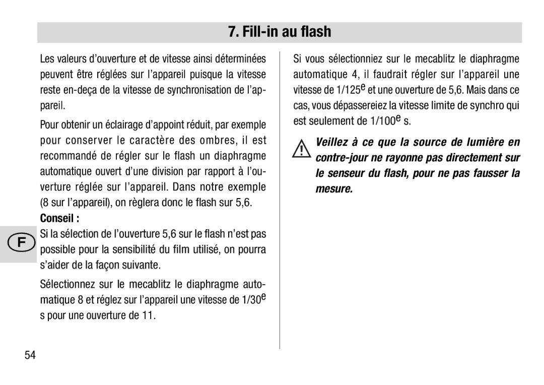 Metz 28 C-2 operating instructions Conseil, Sélectionnez sur le mecablitz le diaphragme auto 