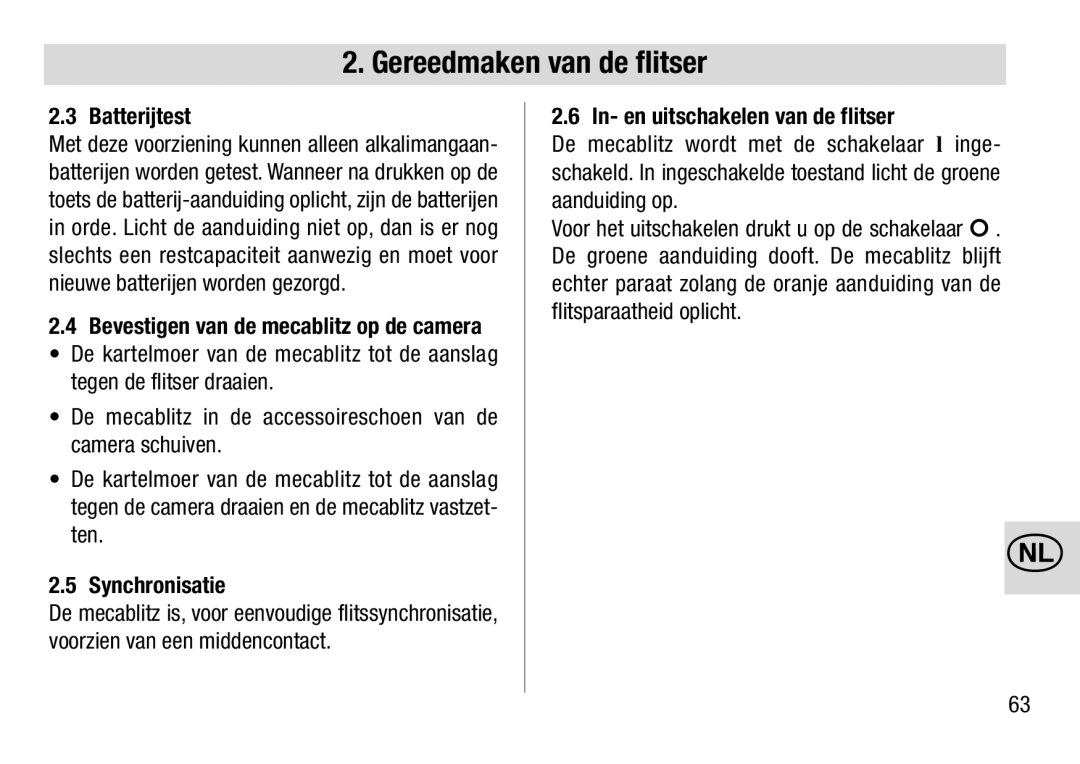 Metz 28 C-2 operating instructions Batterijtest, Synchronisatie, In- en uitschakelen van de flitser 