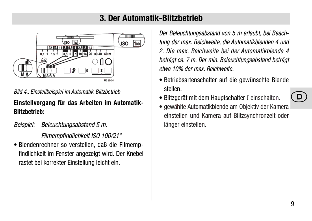 Metz 28 C-2 operating instructions Einstellvorgang für das Arbeiten im Automatik- Blitzbetrieb, Stellen 