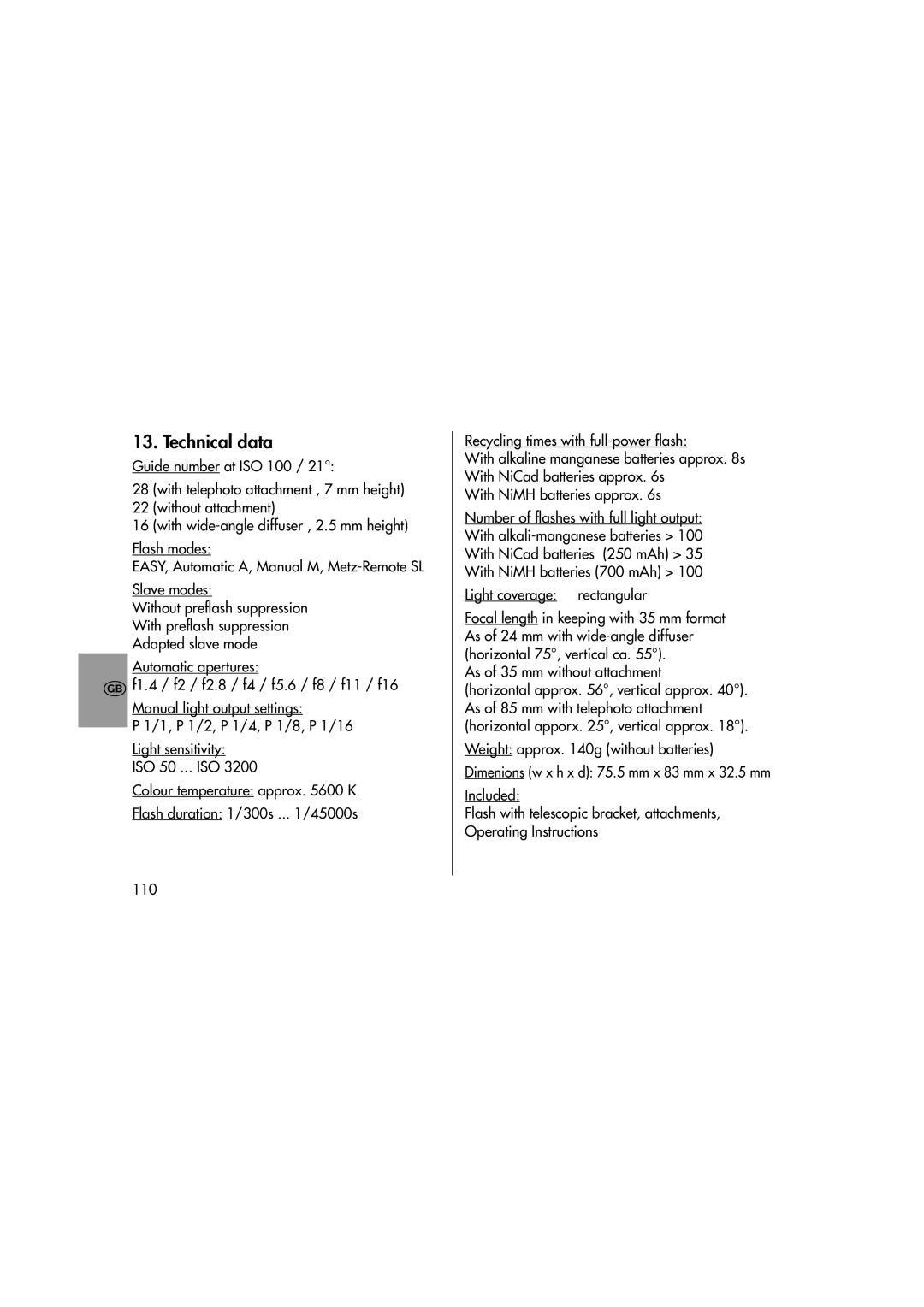 Metz 28 CS-2 instruction manual Technical data 