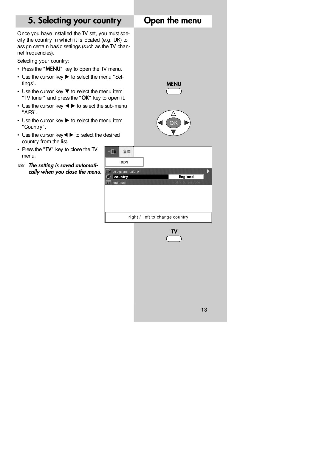 Metz 30 LCD-TV PIP, 30 TL 55 manual Selecting your country Open the menu 