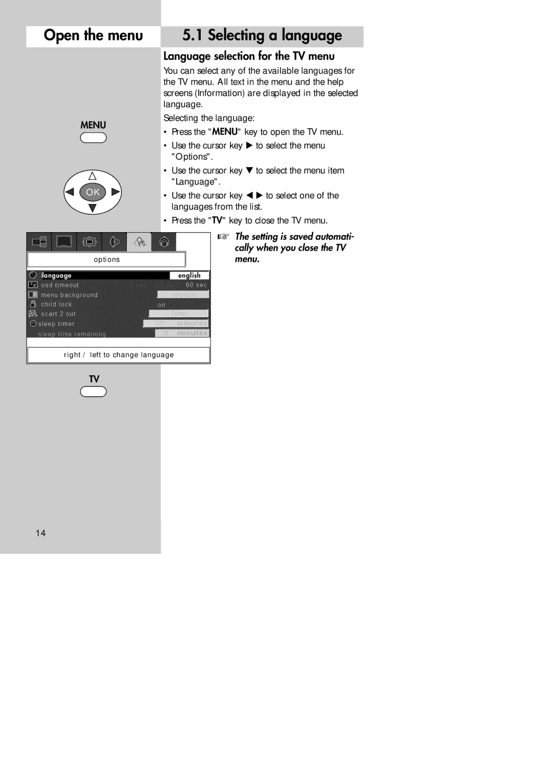 Metz 30 TL 55, 30 LCD-TV PIP manual Open the menu Selecting a language, Language selection for the TV menu 