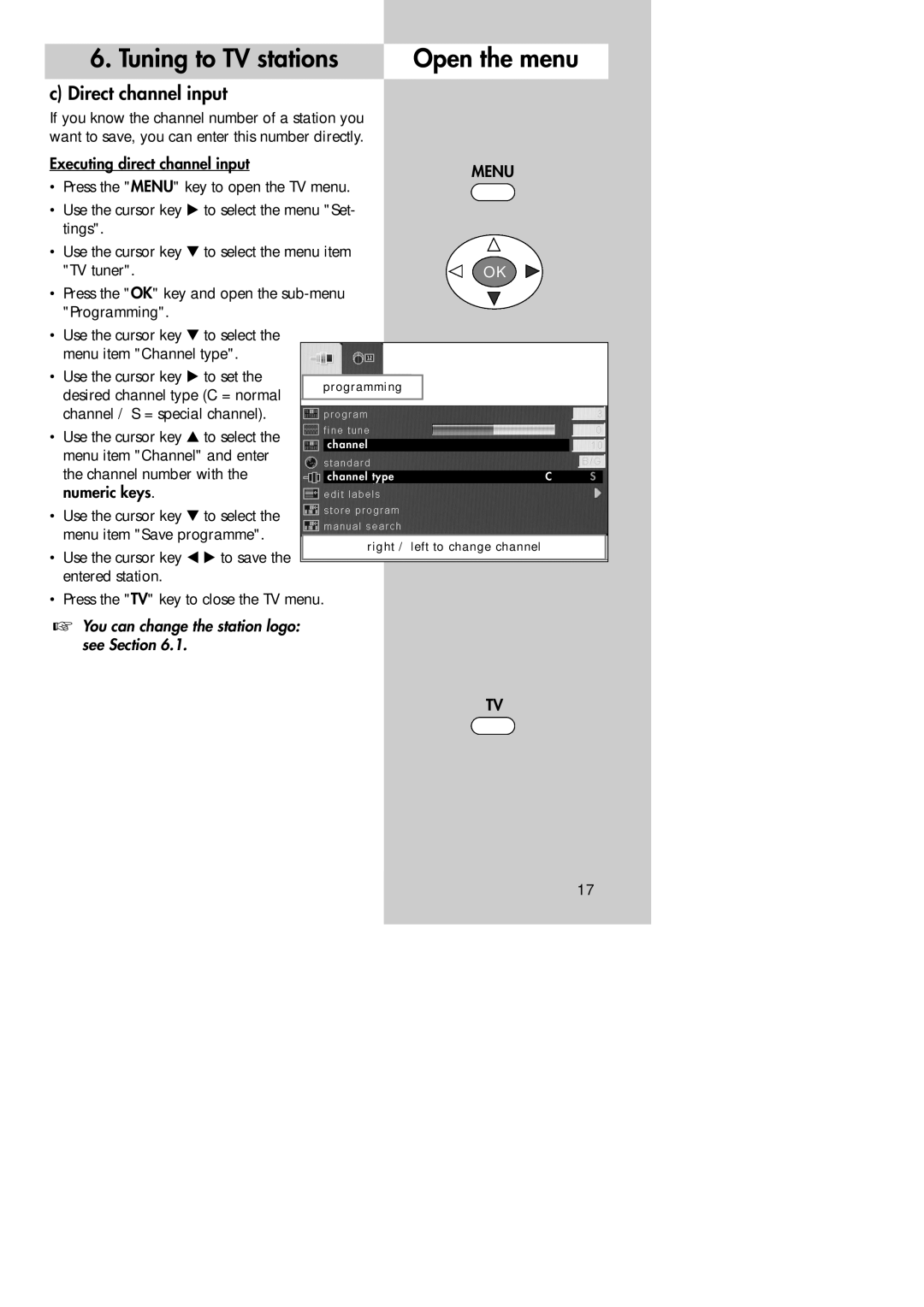 Metz 30 LCD-TV PIP, 30 TL 55 manual Direct channel input, Entered station 