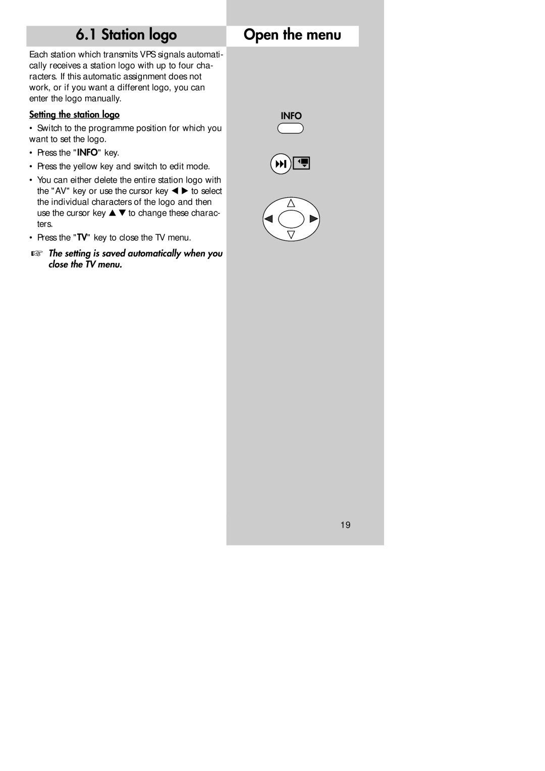 Metz 30 LCD-TV PIP Station logo, Individual characters of the logo and then, Ters Press the TV key to close the TV menu 