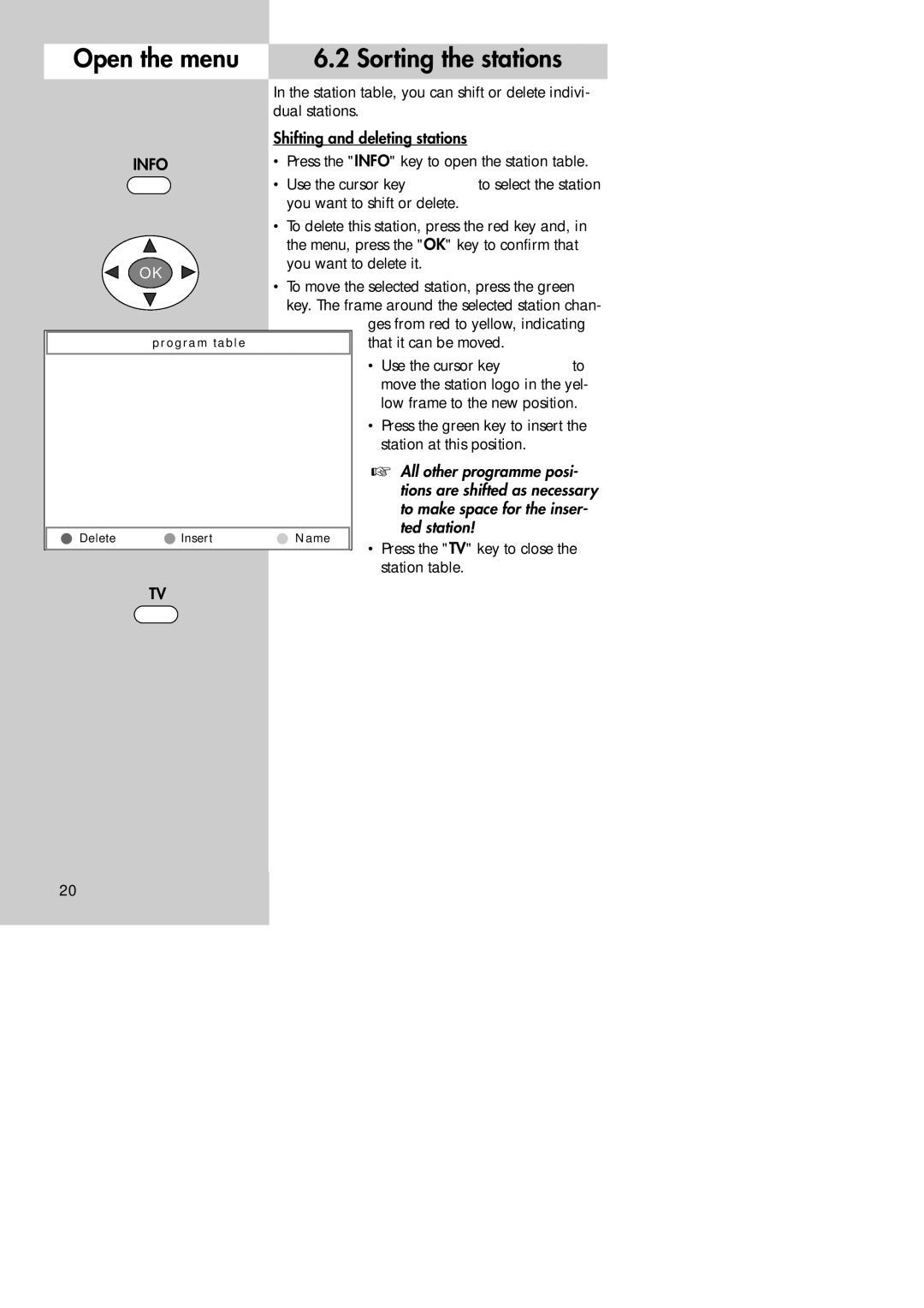 Metz 30 TL 55, 30 LCD-TV PIP manual Open the menu Sorting the stations 