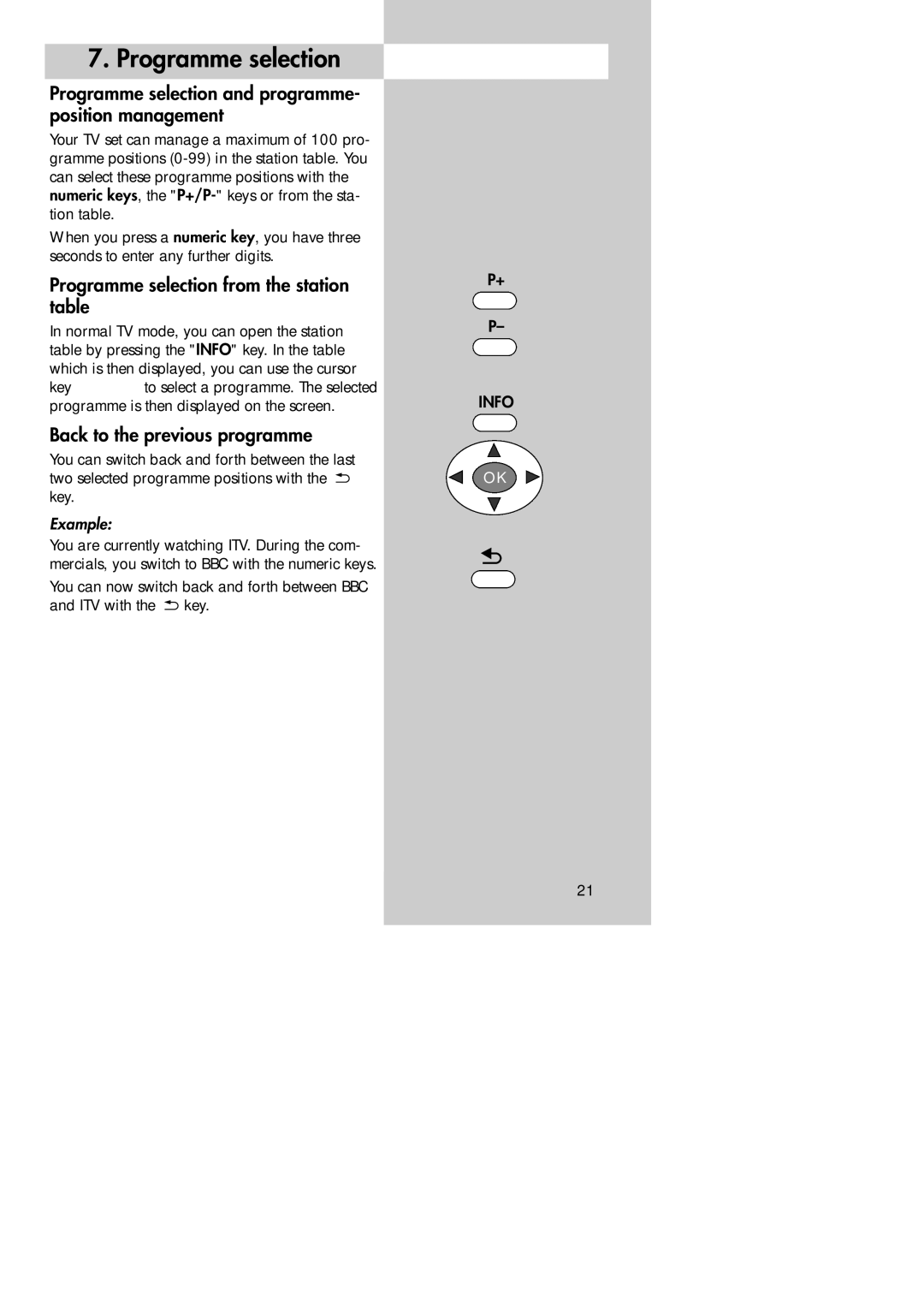 Metz 30 LCD-TV PIP Programme selection and programme- position management, Programme selection from the station table 