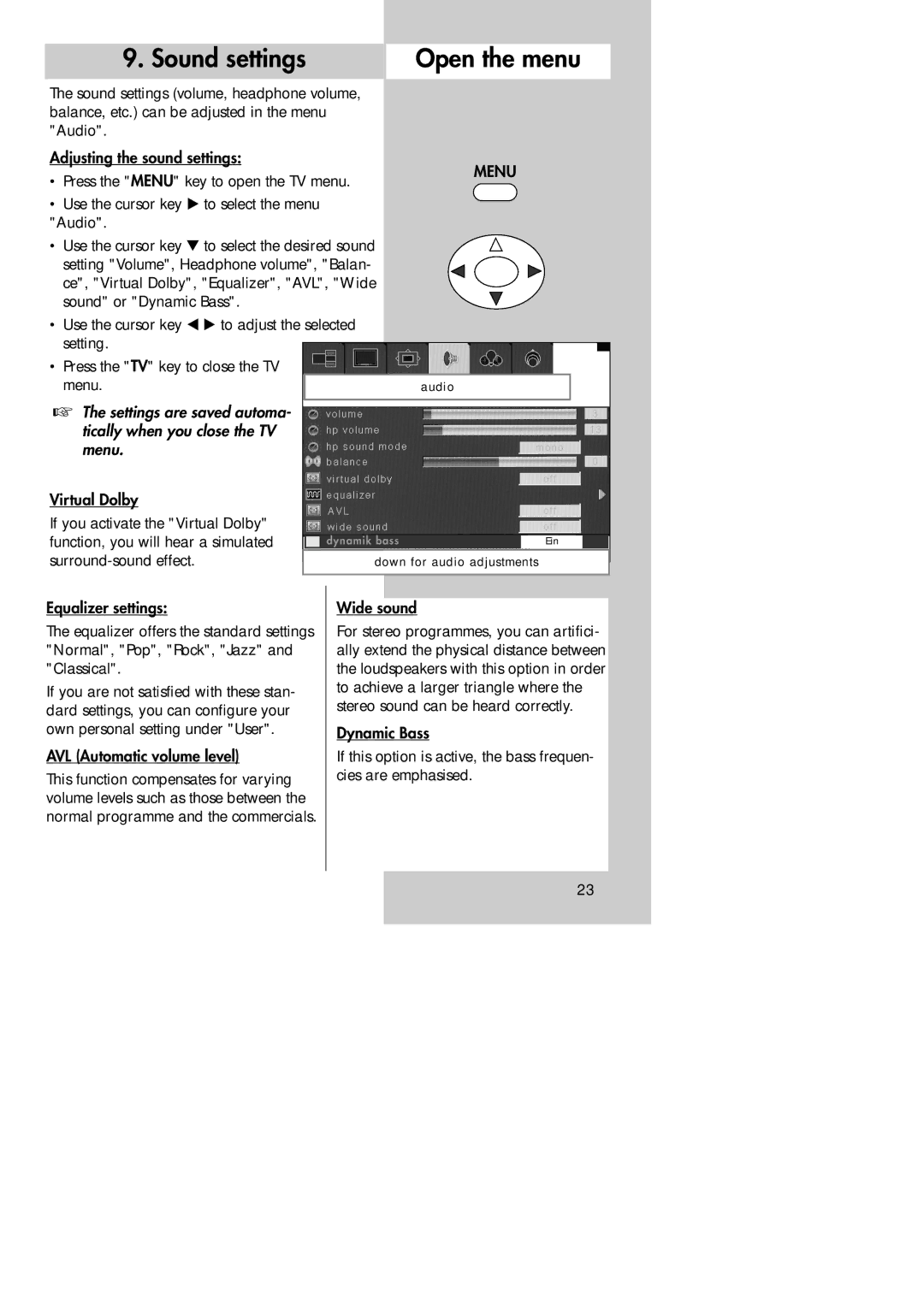 Metz 30 LCD-TV PIP, 30 TL 55 Sound settings Open the menu, Surround-sound effect, AVL Automatic volume level, Wide sound 