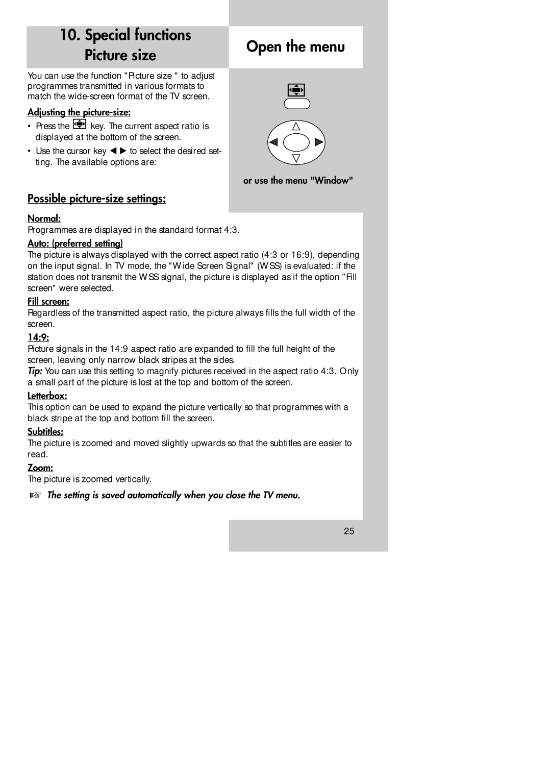 Metz 30 LCD-TV PIP, 30 TL 55 manual Special functions Picture size, Possible picture-size settings 