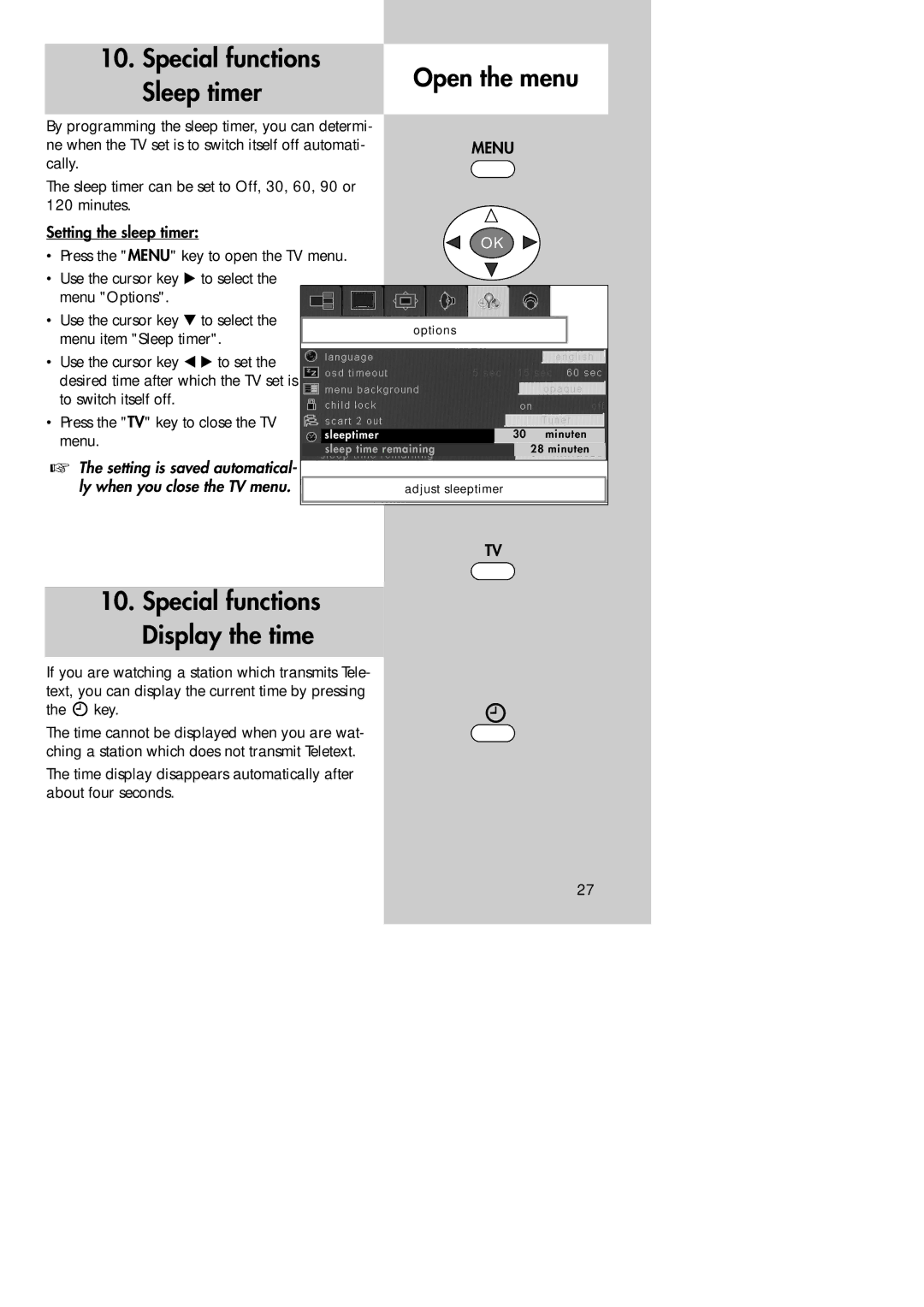 Metz 30 LCD-TV PIP Special functions Open the menu Sleep timer, Special functions Display the time, Menu item Sleep timer 