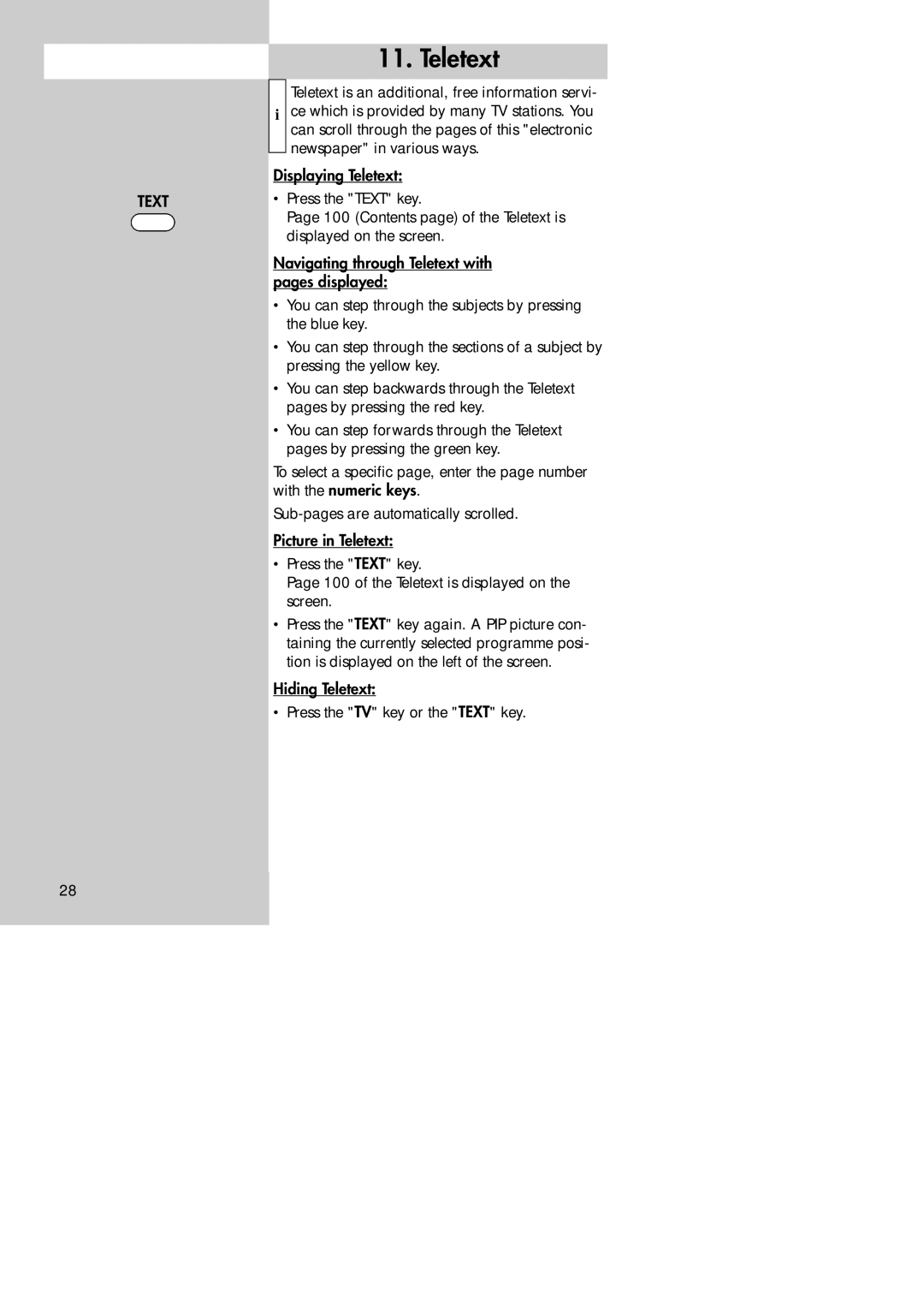 Metz 30 TL 55, 30 LCD-TV PIP manual Hiding Teletext Press the TV key or the Text key 