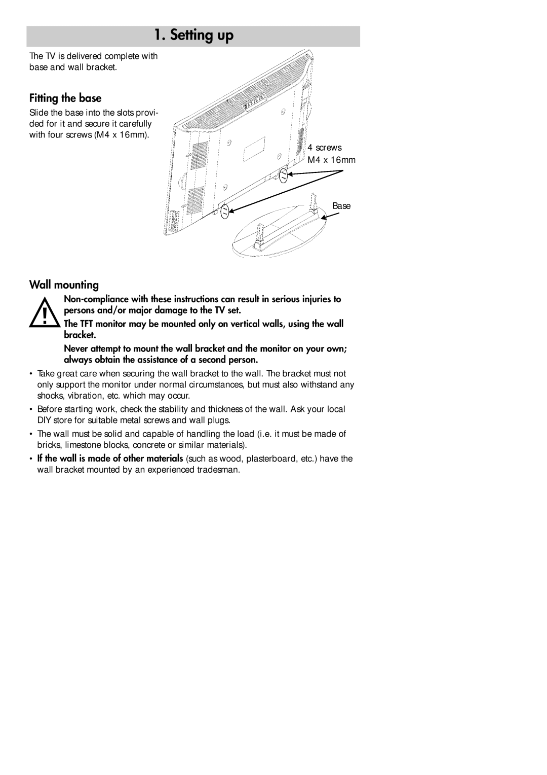 Metz 30 LCD-TV PIP manual Setting up, Fitting the base, Wall mounting, TV is delivered complete with base and wall bracket 