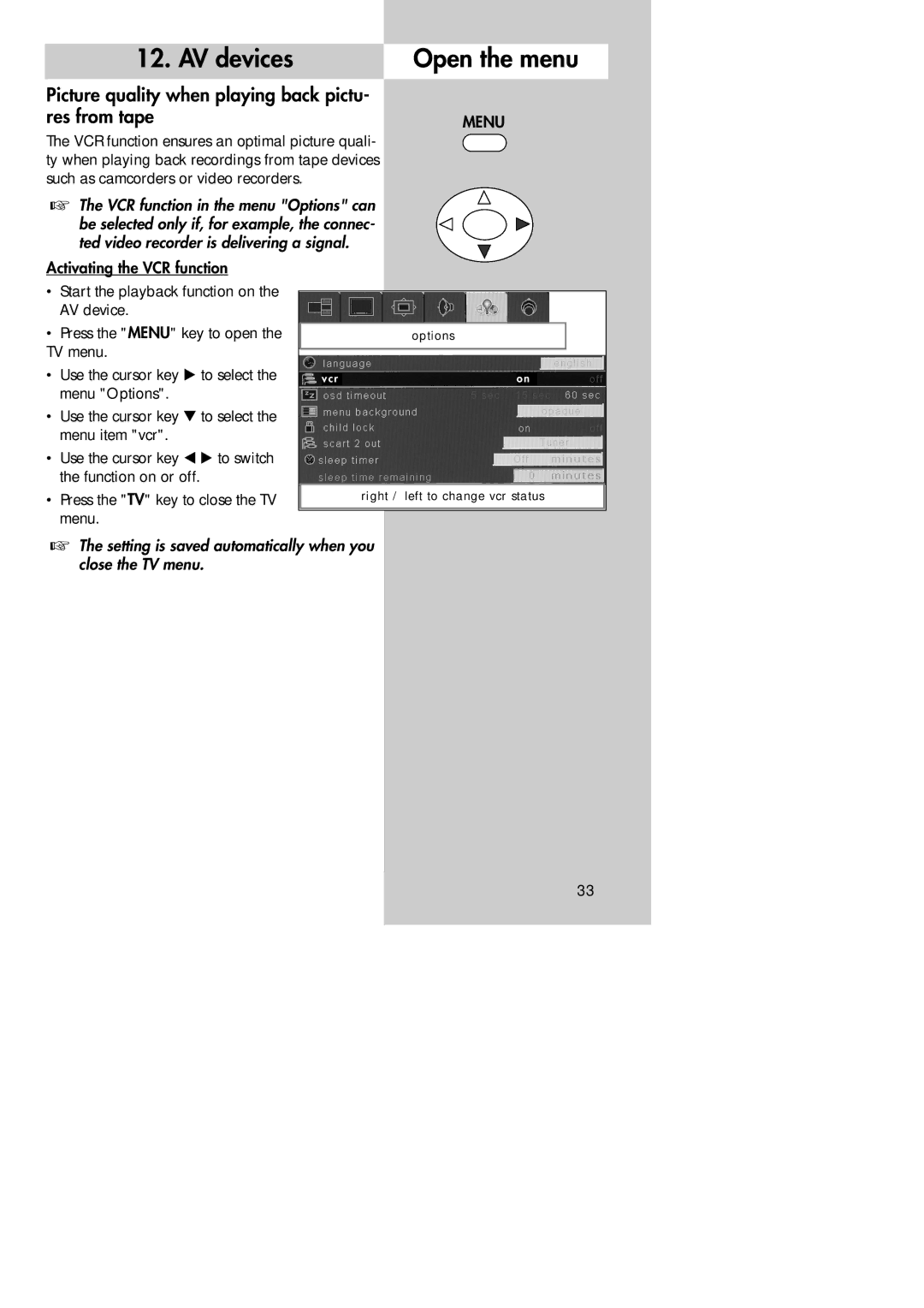 Metz 30 LCD-TV PIP, 30 TL 55 manual AV devices Open the menu, Picture quality when playing back pictu Res from tape 