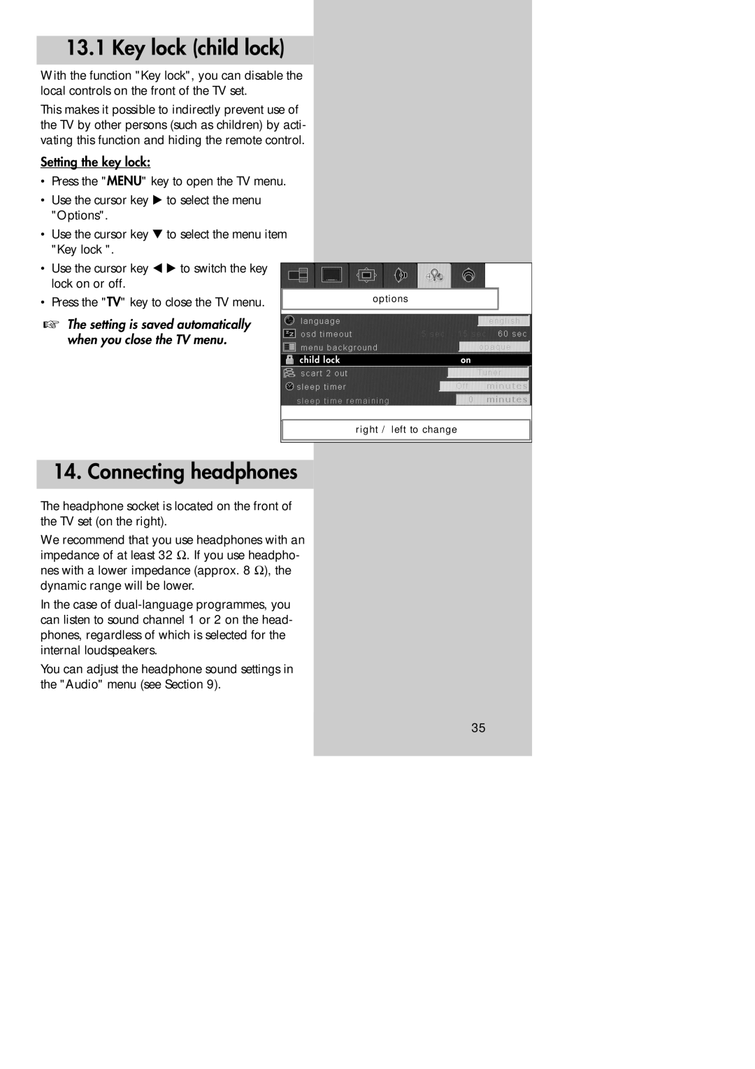 Metz 30 LCD-TV PIP, 30 TL 55 manual Key lock child lock, Connecting headphones, Key lock Use the cursor key 