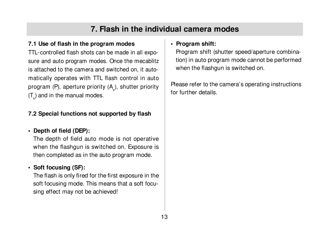 Metz 34 AF-3 C Flash in the individual camera modes, Use of ﬂash in the program modes, Depth of ﬁeld DEP, Soft focusing SF 