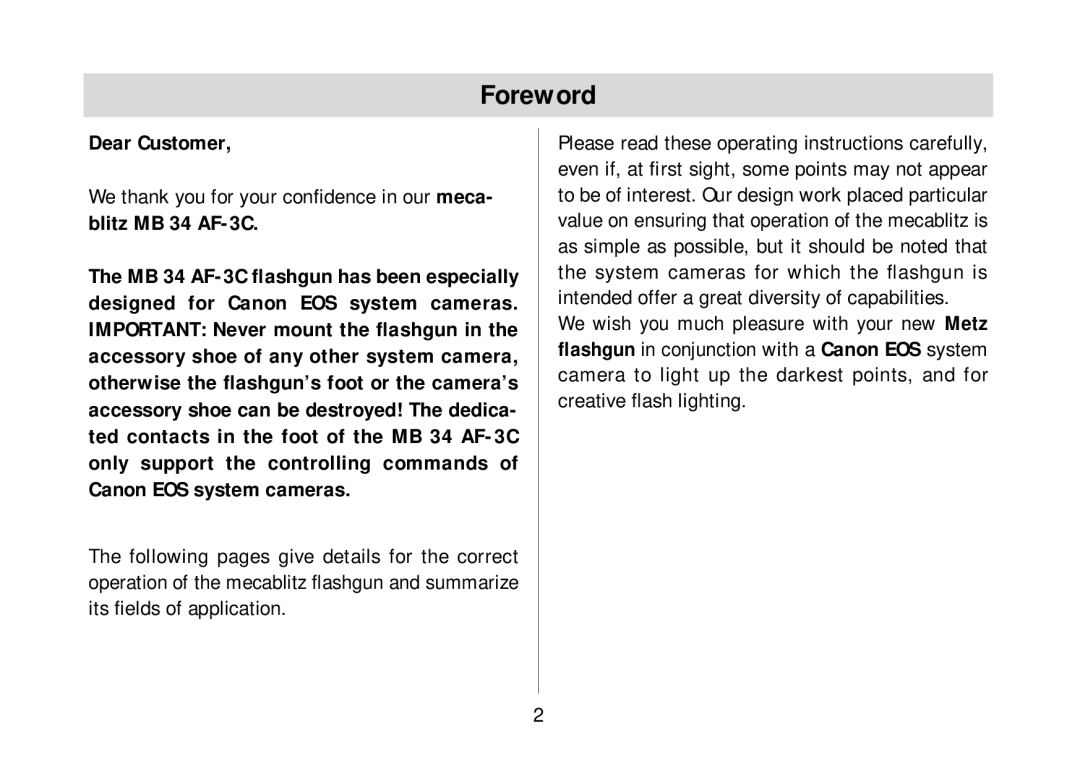 Metz 34 AF-3 C operating instructions Foreword, Dear Customer 