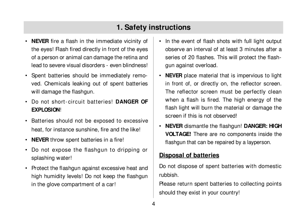 Metz 34 AF-3 C operating instructions Safety instructions, Do not short-circuit batteries! Danger of Explosion 