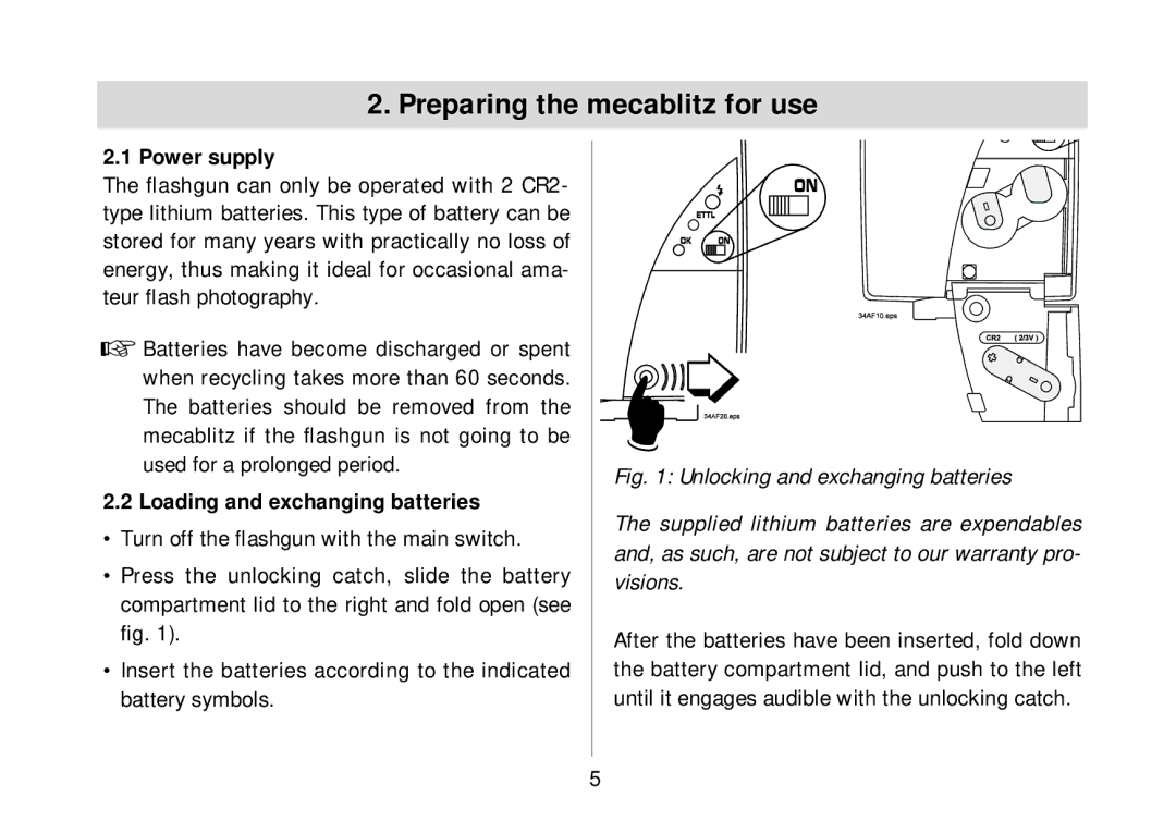 Metz 34 AF-3 C operating instructions Preparing the mecablitz for use, Power supply, Loading and exchanging batteries 