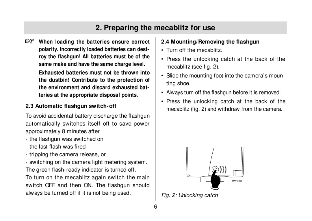 Metz 34 AF-3 C operating instructions Automatic ﬂashgun switch-off, Mounting/Removing the ﬂashgun 