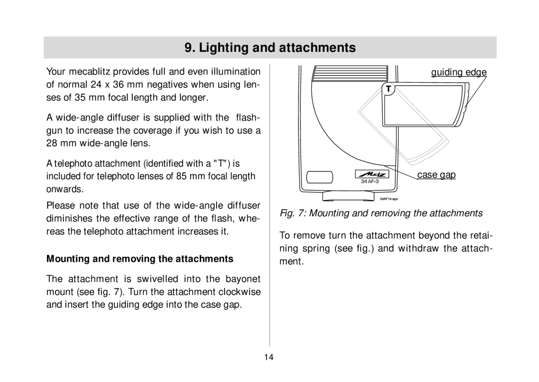 Metz 34 AF-3 P Lighting and attachments, Mounting and removing the attachments, Guiding edge Case gap 