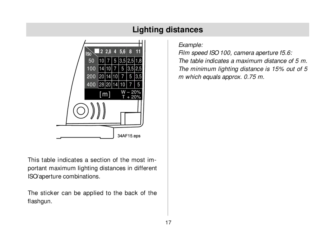 Metz 34 AF-3 P operating instructions Lighting distances, Sticker can be applied to the back of the ﬂashgun 