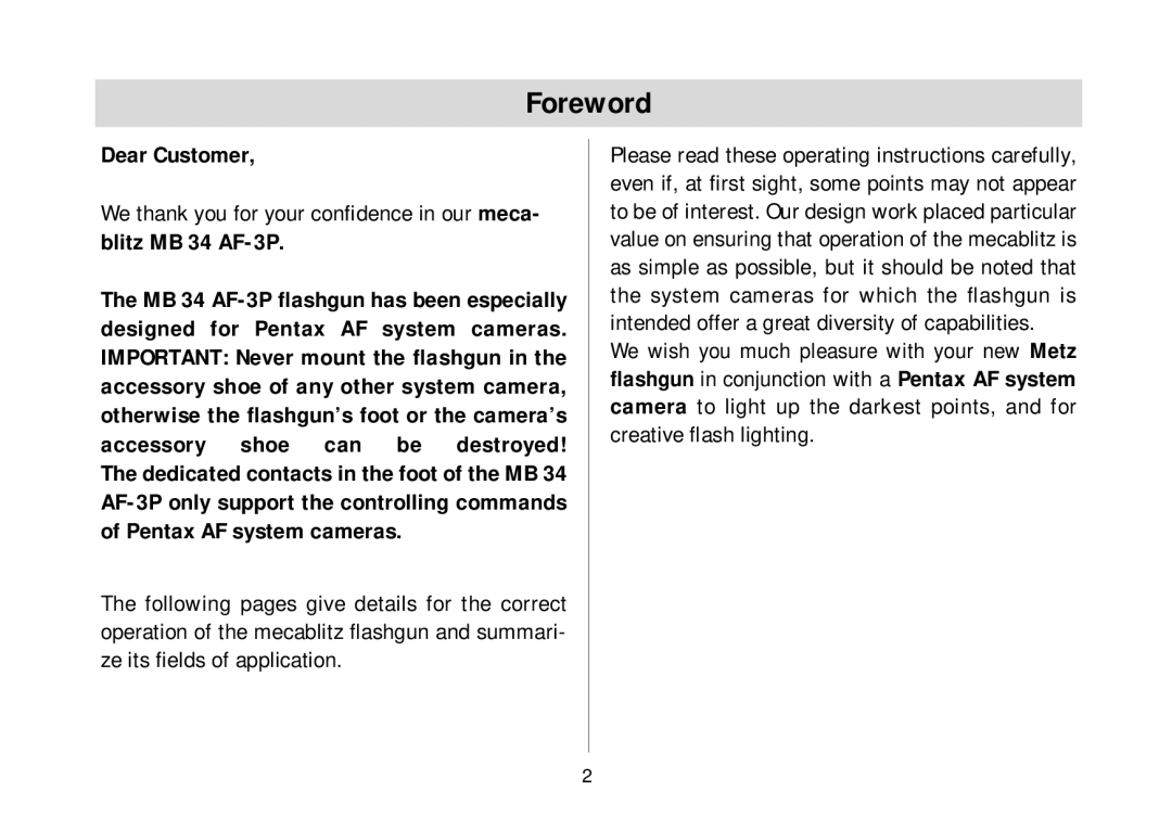 Metz 34 AF-3 P operating instructions Foreword, Dear Customer 