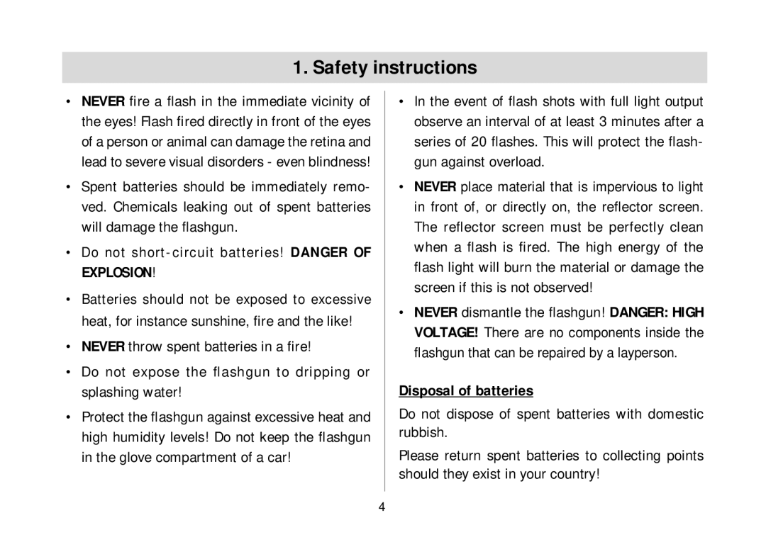 Metz 34 AF-3 P Safety instructions, Do not short-circuit batteries! Danger of Explosion, Disposal of batteries 