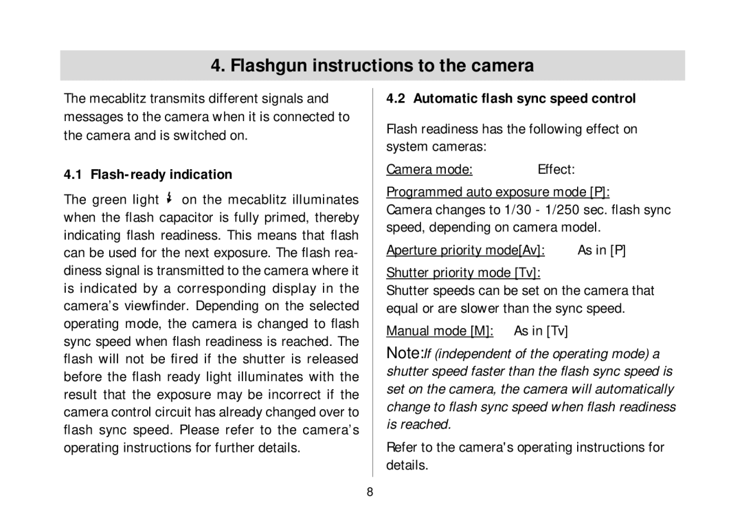 Metz 34 AF-3 P Flashgun instructions to the camera, Flash-ready indication, Automatic ﬂash sync speed control 