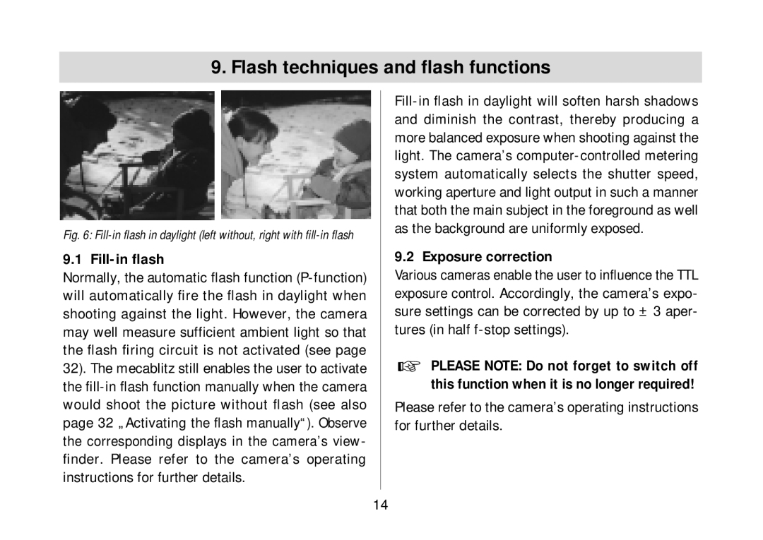 Metz 34 AF-3M operating instructions Flash techniques and ﬂash functions, Fill-in ﬂash, Exposure correction 