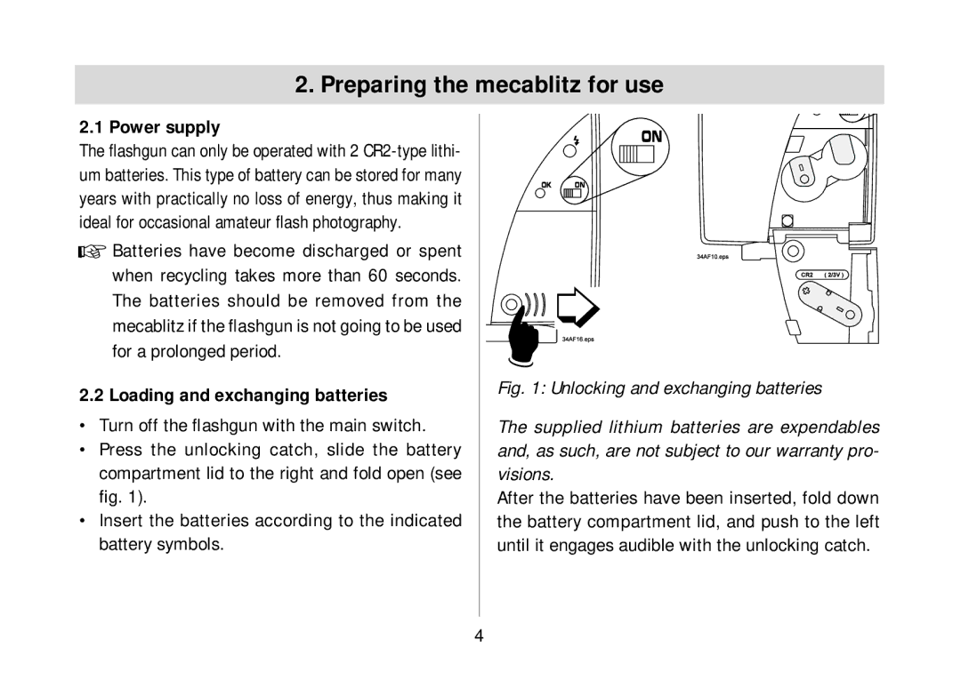 Metz 34 AF-3M operating instructions Preparing the mecablitz for use, Power supply, Loading and exchanging batteries 