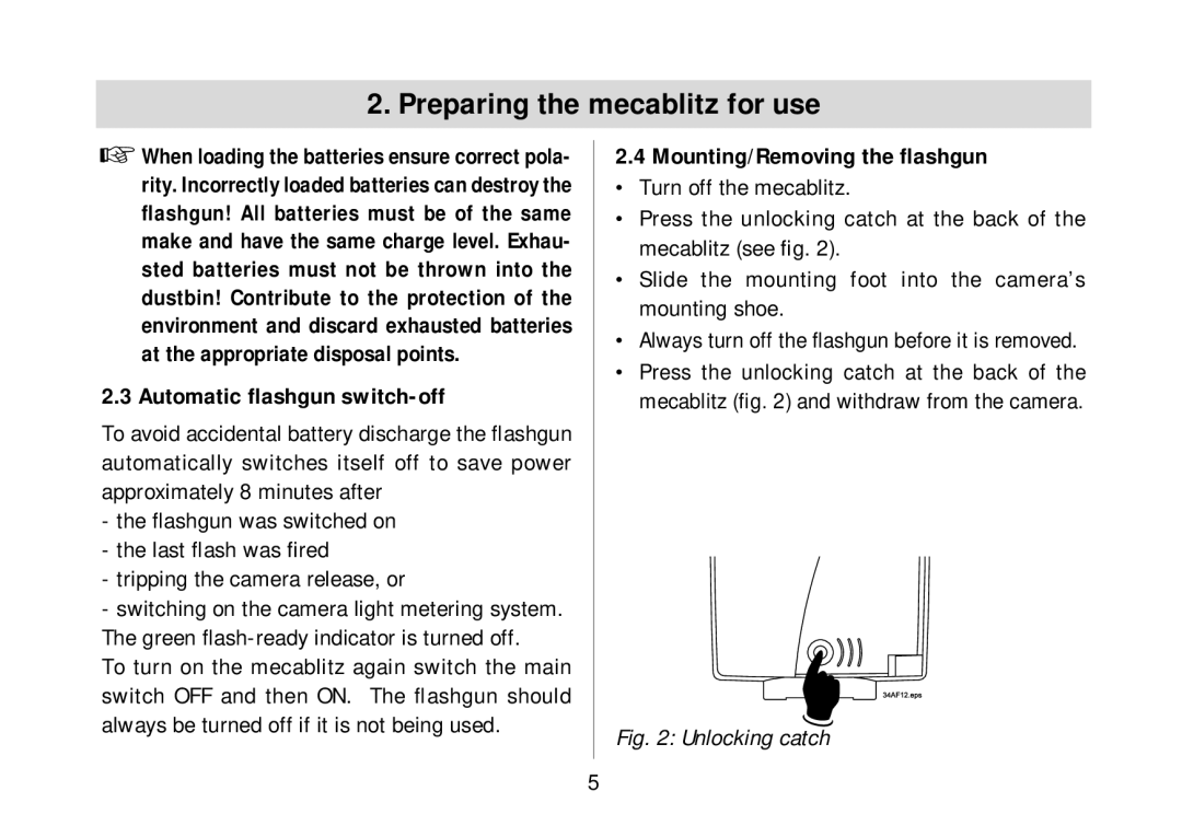 Metz 34 AF-3M operating instructions Automatic ﬂashgun switch-off, Mounting/Removing the ﬂashgun 