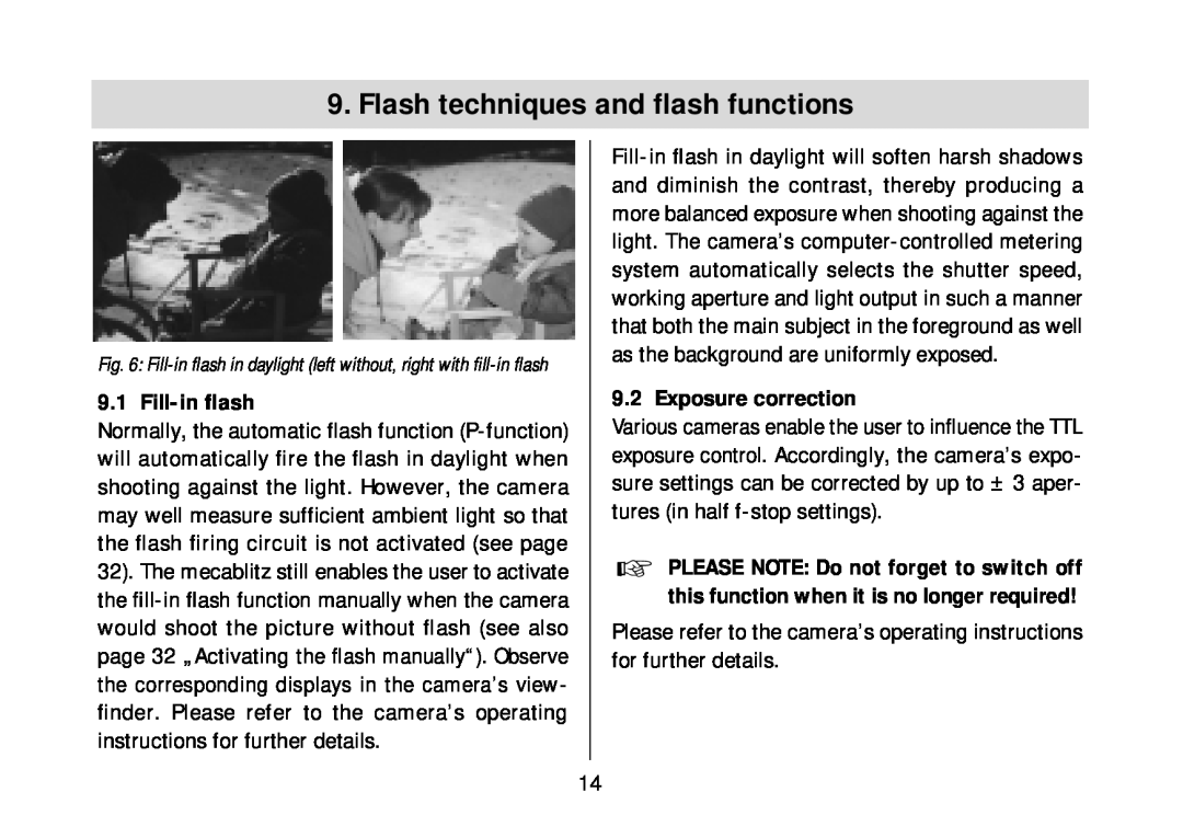 Metz 34 AF-3M operating instructions Flash techniques and ﬂash functions, Fill-in ﬂash, Exposure correction 