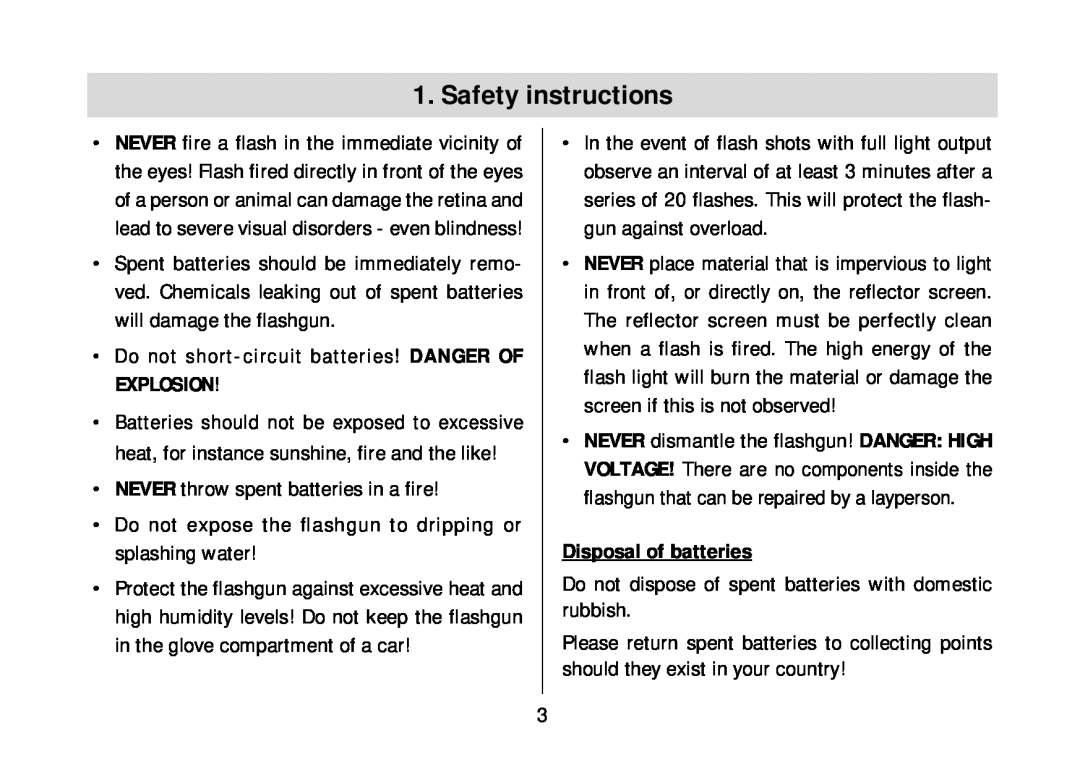 Metz 34 AF-3M Safety instructions, Do not short-circuit batteries! DANGER OF EXPLOSION, Disposal of batteries 