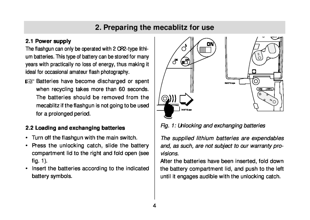 Metz 34 AF-3M operating instructions Preparing the mecablitz for use, Power supply, Loading and exchanging batteries 