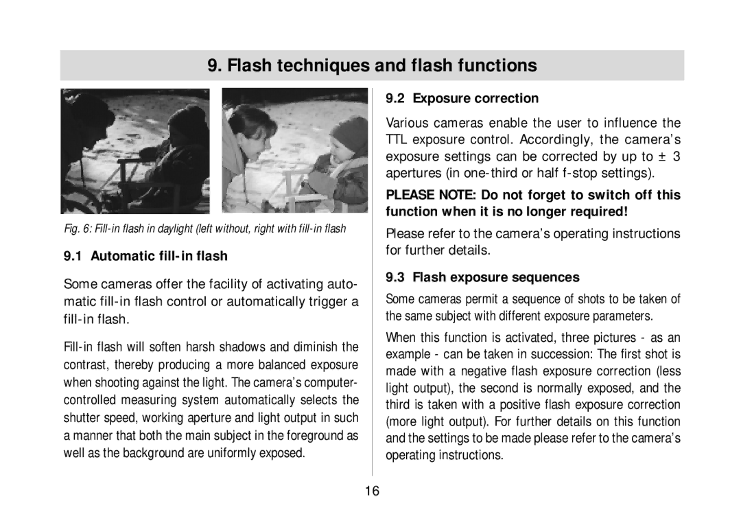 Metz 34 AF-3N Flash techniques and flash functions, Automatic fill-in flash, Exposure correction, Flash exposure sequences 