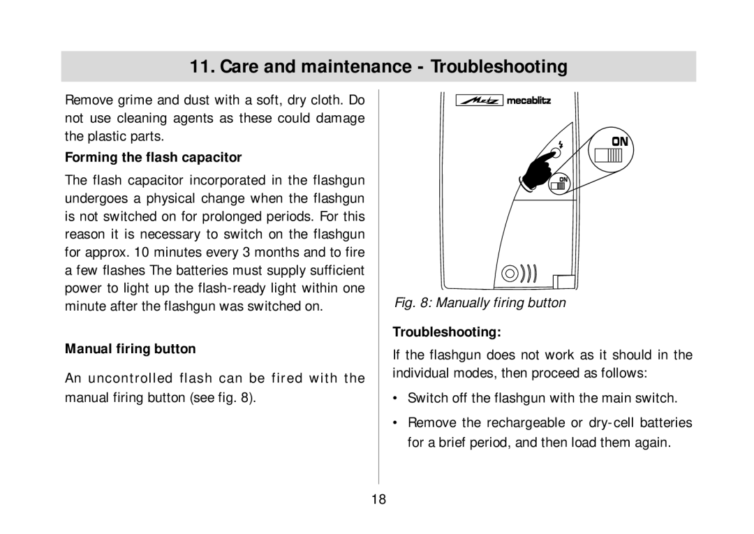 Metz 34 AF-3N Care and maintenance Troubleshooting, Forming the flash capacitor, Manual firing button 