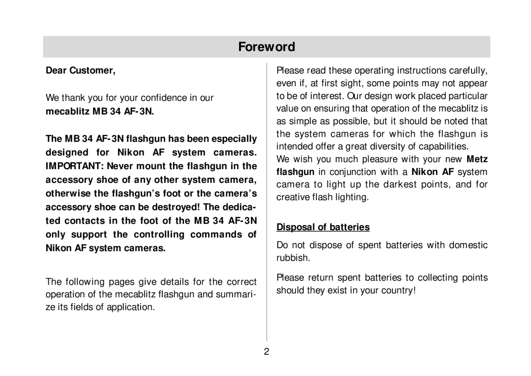 Metz 34 AF-3N Foreword, Dear Customer, Disposal of batteries, Do not dispose of spent batteries with domestic rubbish 