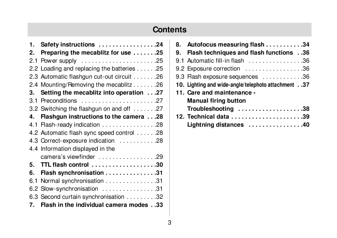 Metz 34 AF-3N operating instructions Contents 