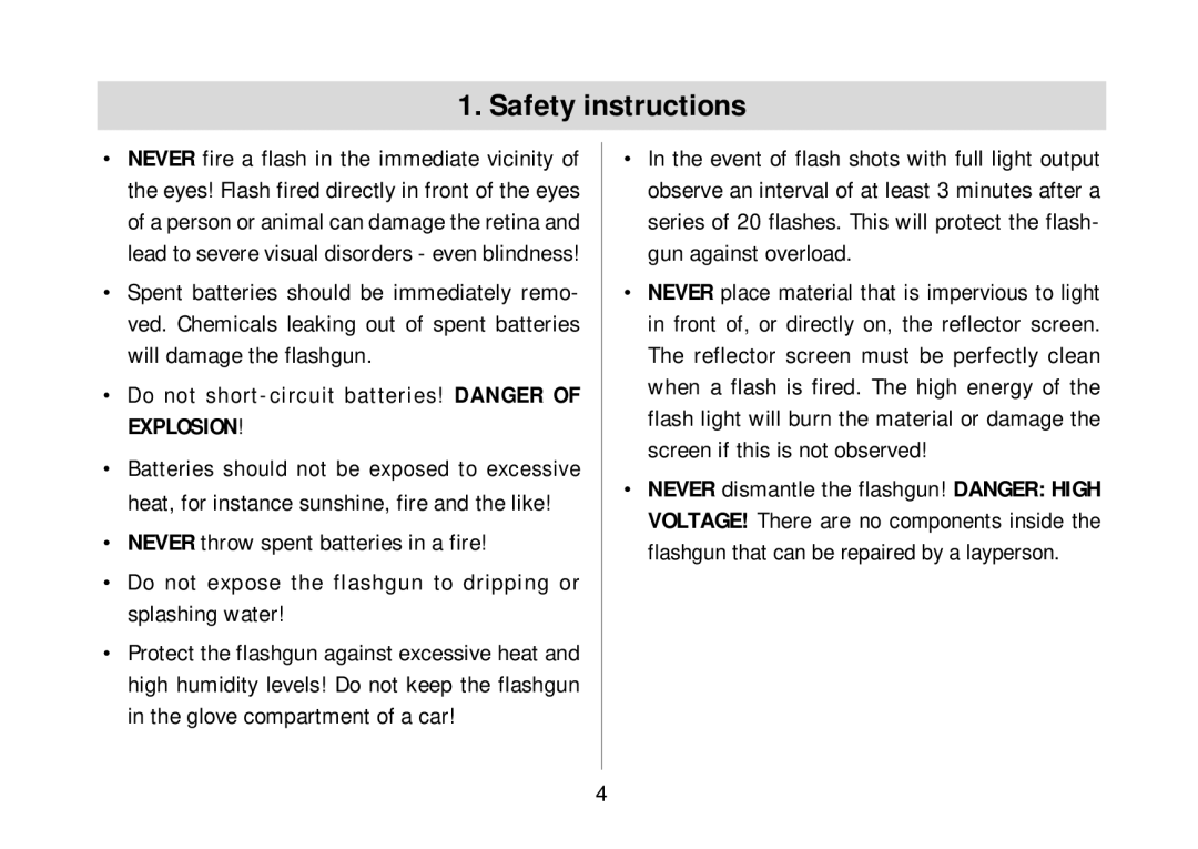 Metz 34 AF-3N operating instructions Safety instructions, Do not short-circuit batteries! Danger of Explosion 