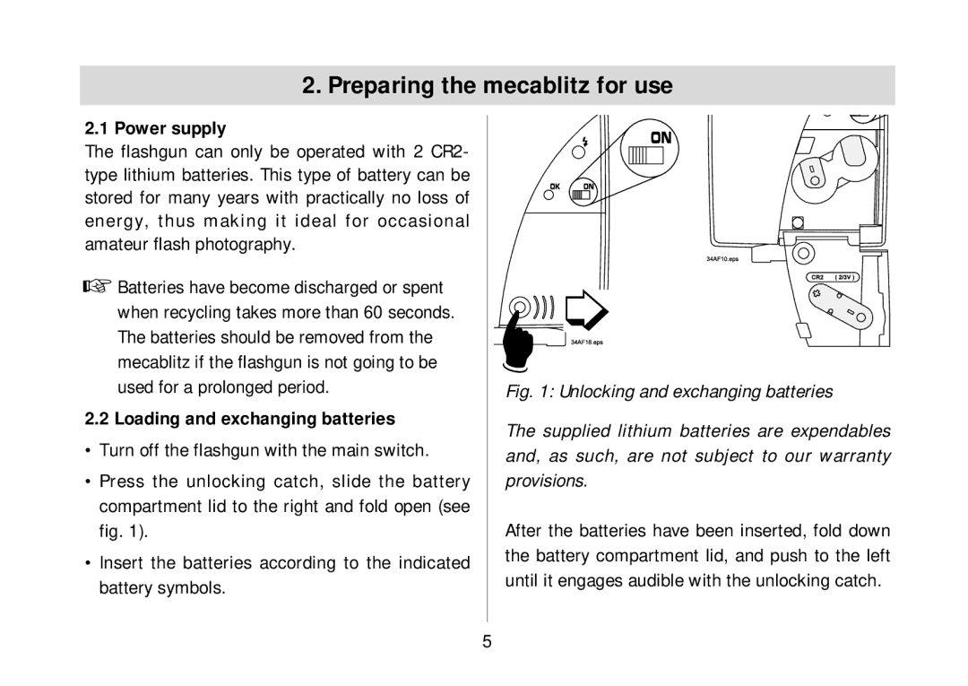 Metz 34 AF-3N operating instructions Preparing the mecablitz for use, Power supply, Loading and exchanging batteries 