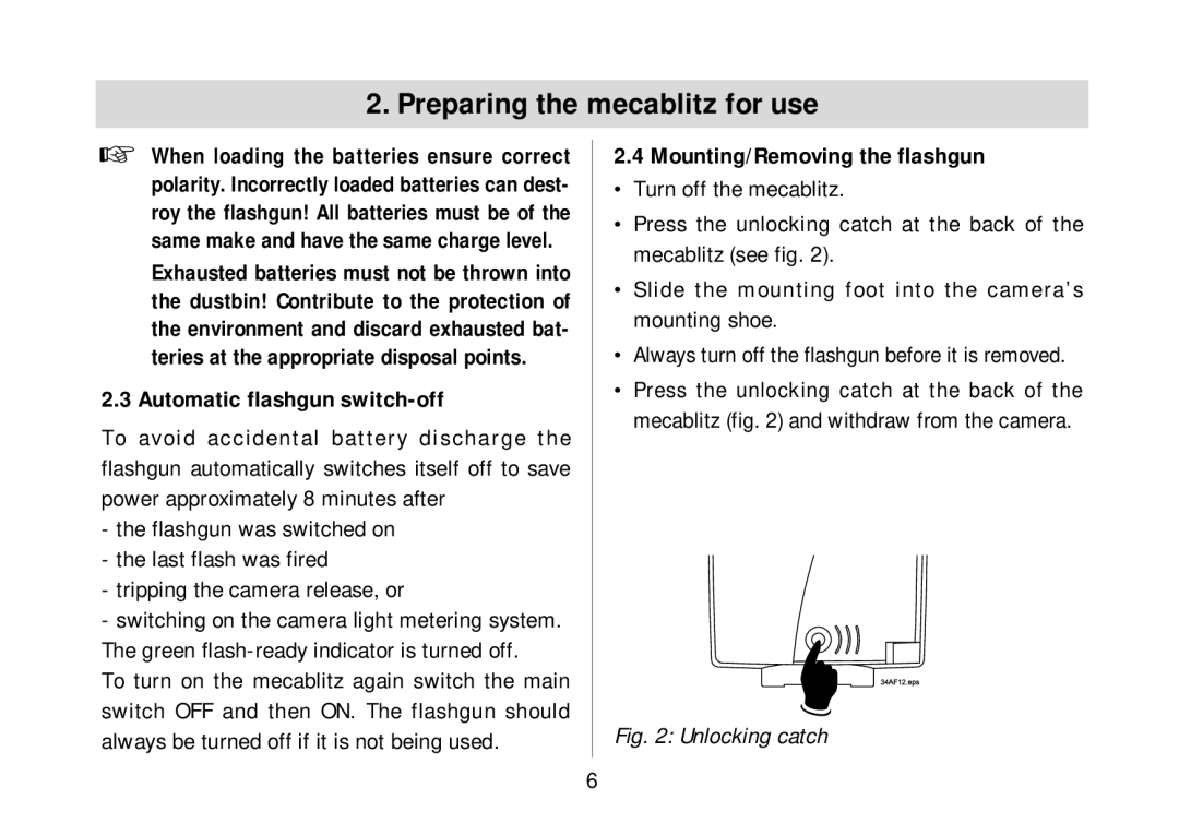 Metz 34 AF-3N operating instructions Automatic flashgun switch-off, Mounting/Removing the flashgun 