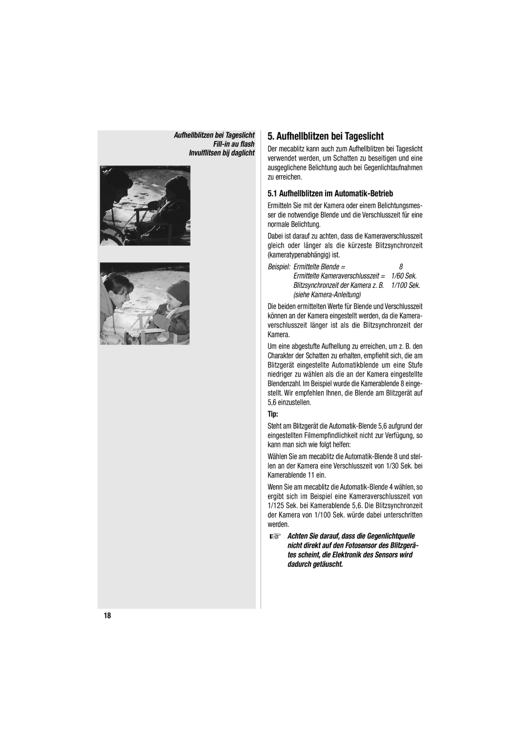 Metz 34 CS-2 operating instructions Aufhellblitzen bei Tageslicht, Aufhellblitzen im Automatik-Betrieb, Tip 