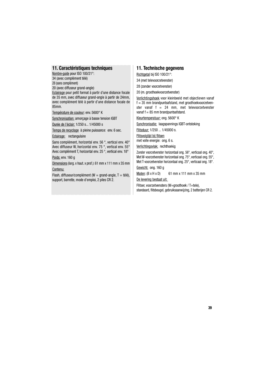 Metz 34 CS-2 operating instructions Caractéristiques techniques, Technische gegevens 