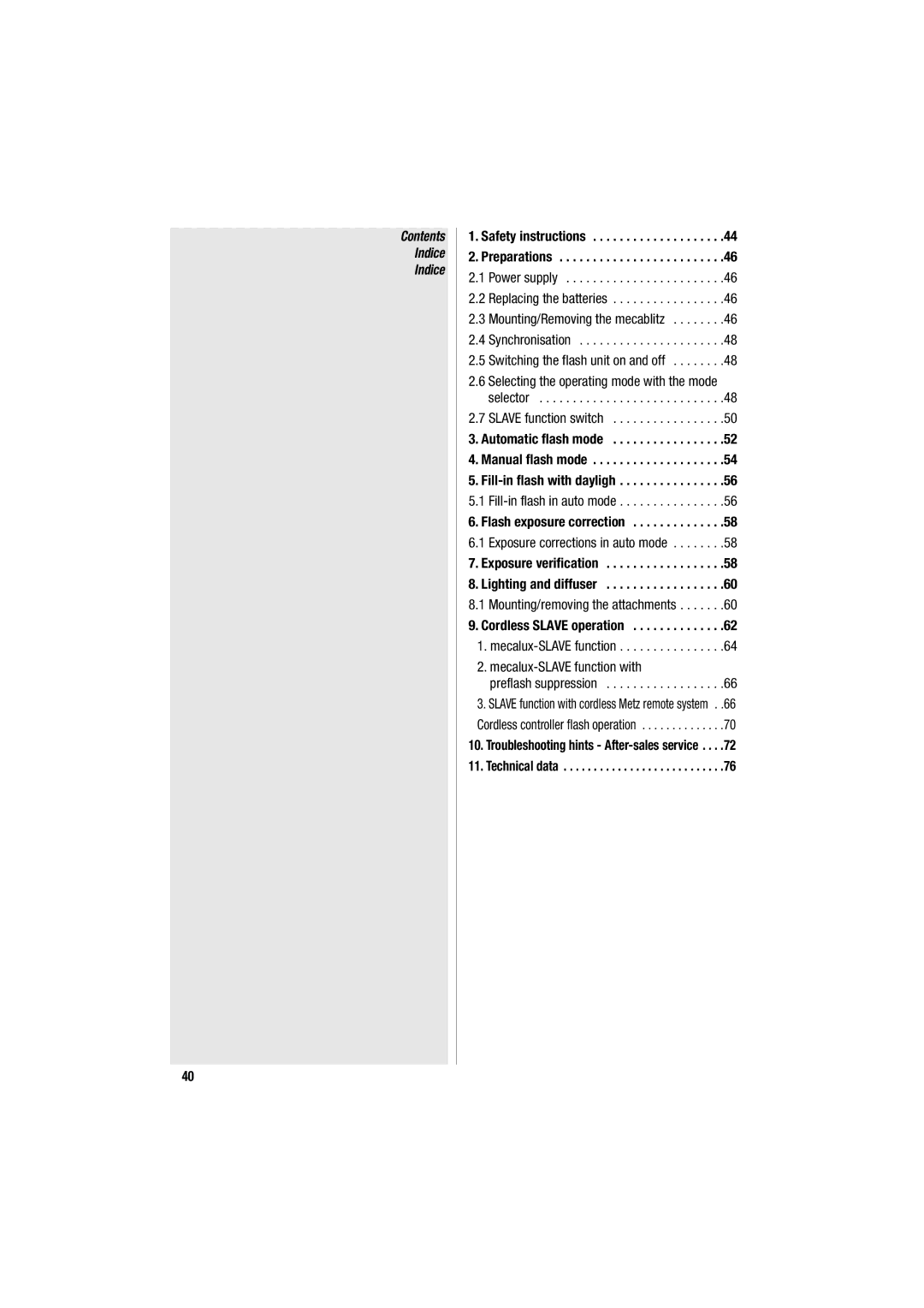 Metz 34 CS-2 operating instructions Contents Indice 