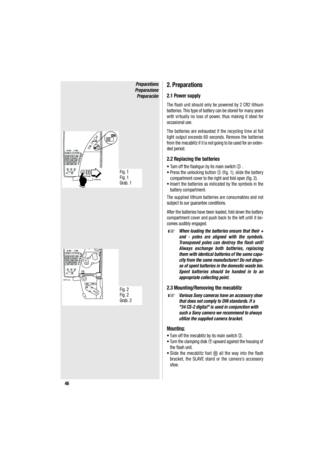 Metz 34 CS-2 operating instructions Preparations, Power supply, Replacing the batteries, Mounting/Removing the mecablitz 